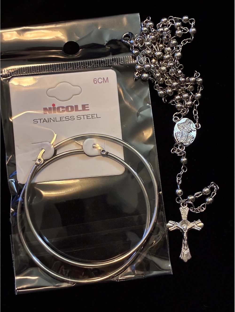 Silver Jewelry Bundle Large Stainless Steel Hoops &Virgin Mary Rosary Crucifix